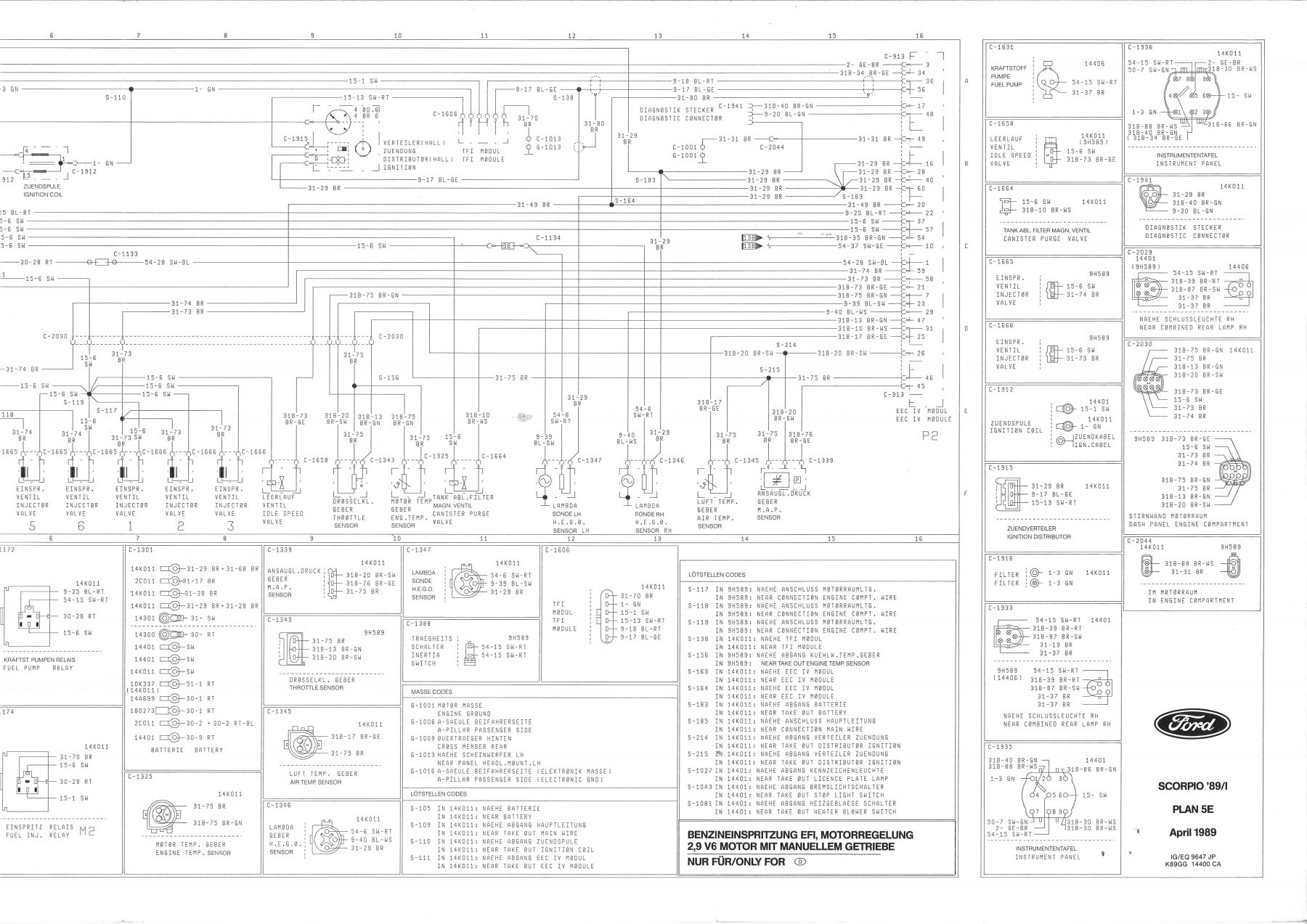 Schaltplan Motorregelung 2,9i  / Motor control 2.9i circuit (Scorpio_PLan_5E_April_1989), Schaltgetriebe /  manuell gearbox